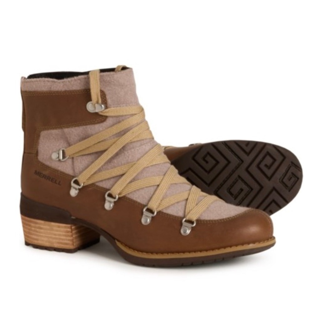 NEW Merrell Shiloh II Warm‎ Boots Womens 7 Camel Leather Wool Lace Up J004422